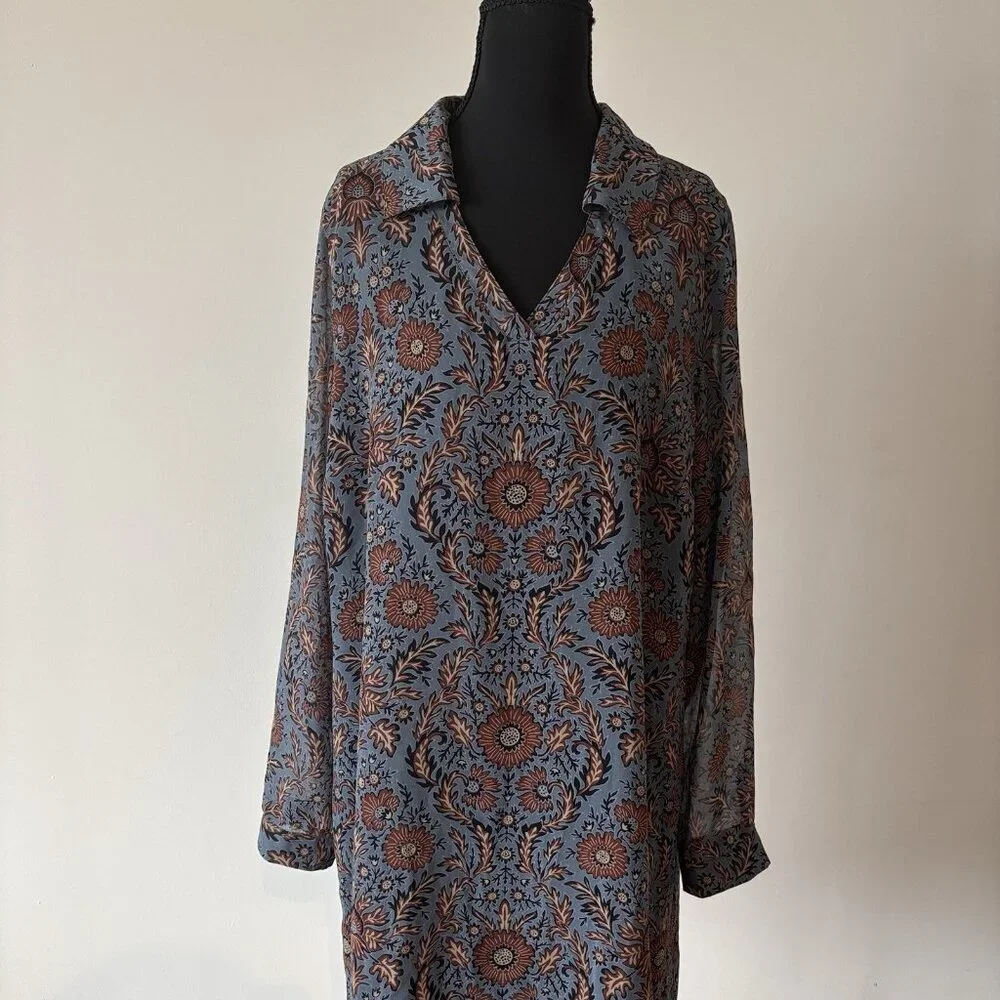 CABi Floral‎ Provincal Tunic Dress V-neck Long Sleeve Size Large Autumn Floral